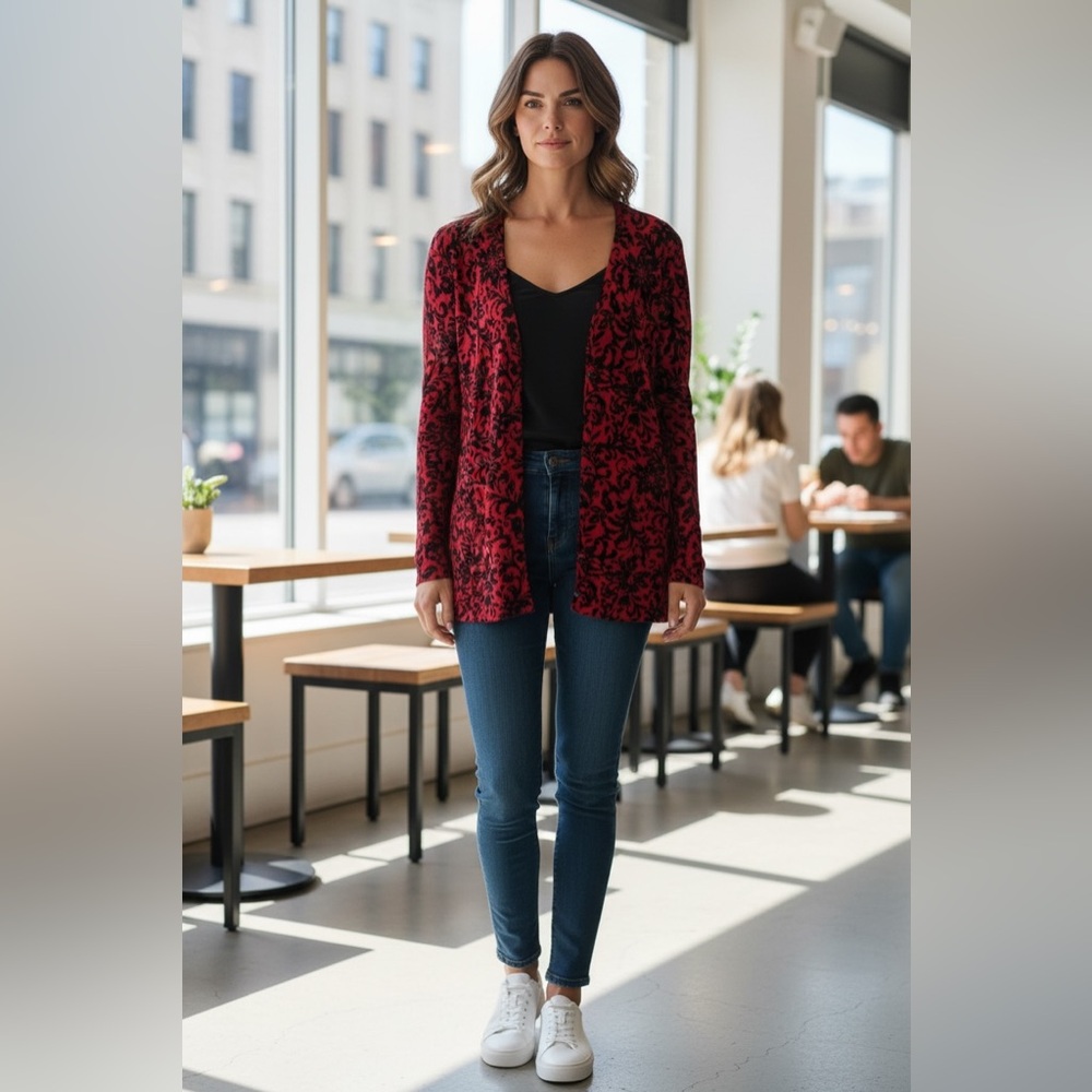 Christopher & Banks Damask Floral Cardigan Women’s XL Red And Black Button Up - Picture 2 of 10